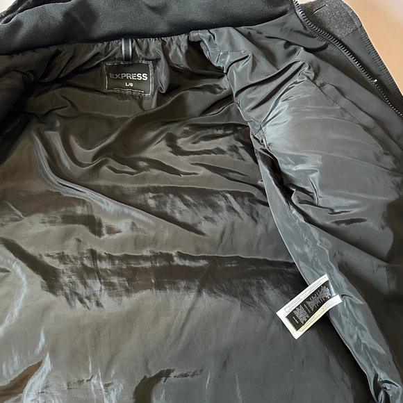 Men's Express Black Charcoal Grey Down Puffer Jacket with Hood Size L - Picture 13 of 16